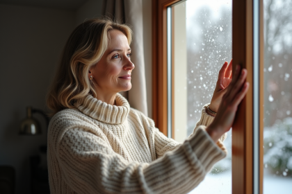 Femme vérifiant l'isolation d'une grande fenêtre moderne en hiver