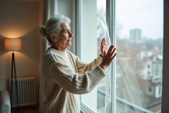 Femme appliquant film plastique sur grande fenetre