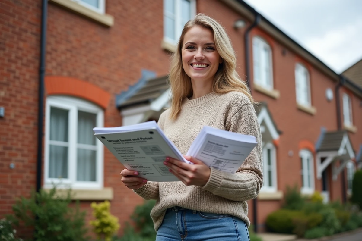 Femme tenant brochures isolation devant maison en briques