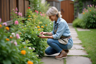 Femme d'âge moyen dans un jardin verdoyant examine des feuilles