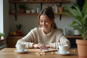 Femme en sweater joue au Scrabble dans une cuisine chaleureuse
