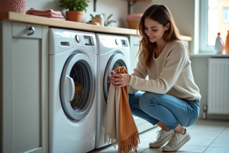 Femme chargeant une machine à laver moderne dans une buanderie lumineuse