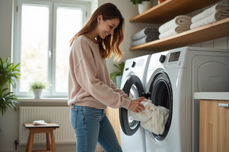 Jeune femme chargeant une machine à laver moderne dans une buanderie lumineuse