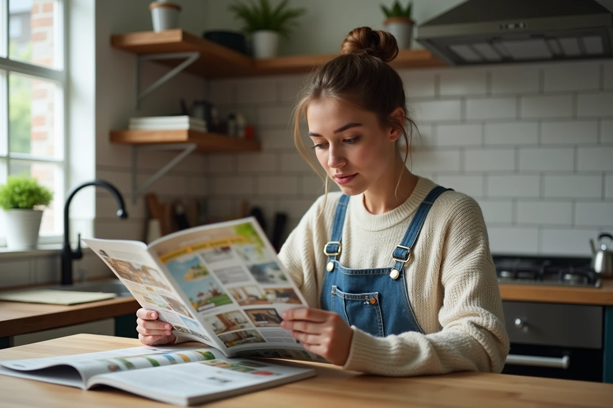 Femme jeune lit un magazine de bricolage dans la cuisine lumineuse