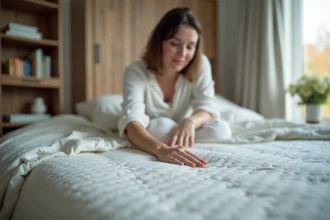 Femme en pyjama touchant un matelas ferme dans une chambre moderne