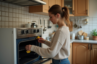 Femme nettoyant l'intérieur du four avec une éponge dans la cuisine