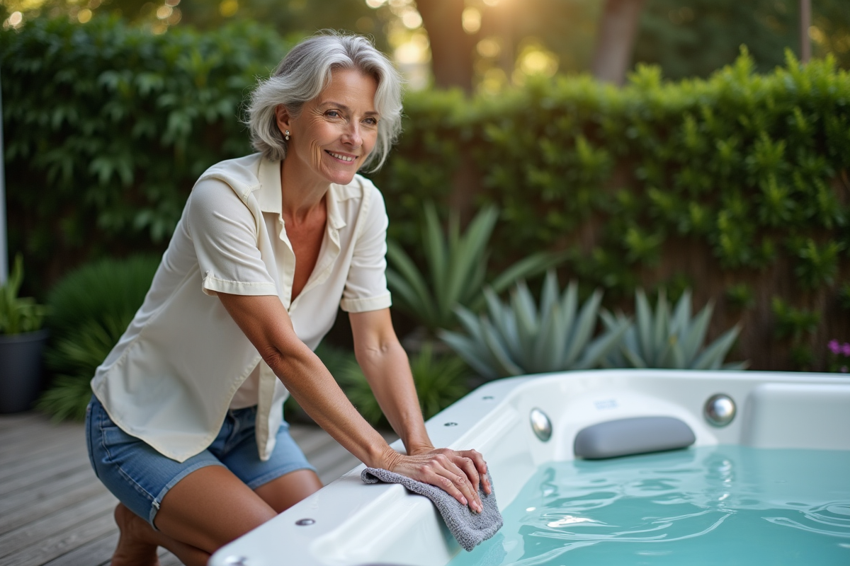 Femme nettoyant le spa extérieur dans un jardin bien entretenu