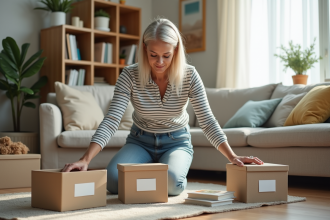 Femme organisée triant livres dans un salon lumineux