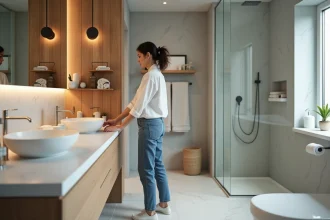 Femme organisant ses produits dans une salle de bains moderne