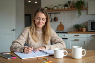 Jeune femme planifiant sa semaine dans un intérieur lumineux