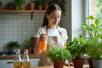 Femme vaporisant une solution anti-insectes sur plantes vertes