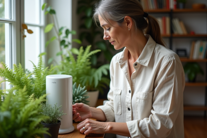 Femme d'âge moyen prenant soin de ses plantes d'intérieur avec un système d'arrosage automatique