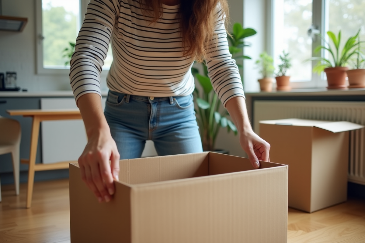 Femme plie des cartons dans une cuisine moderne