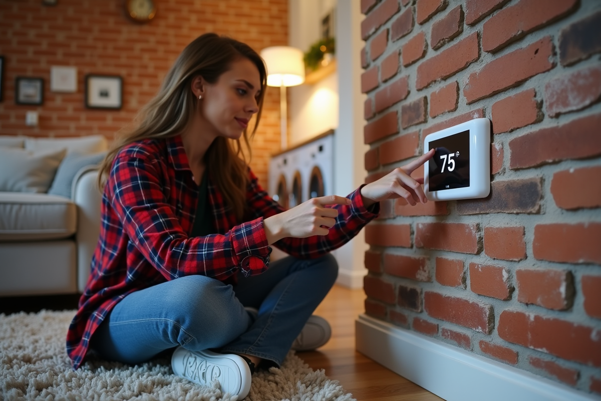 Jeune femme programmant un thermostat connecté dans un salon rénové