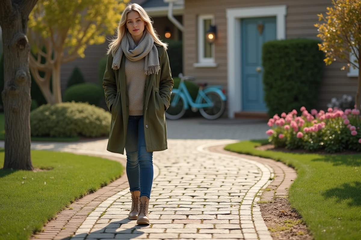 Femme marchant sur un chemin de pavés dans un jardin