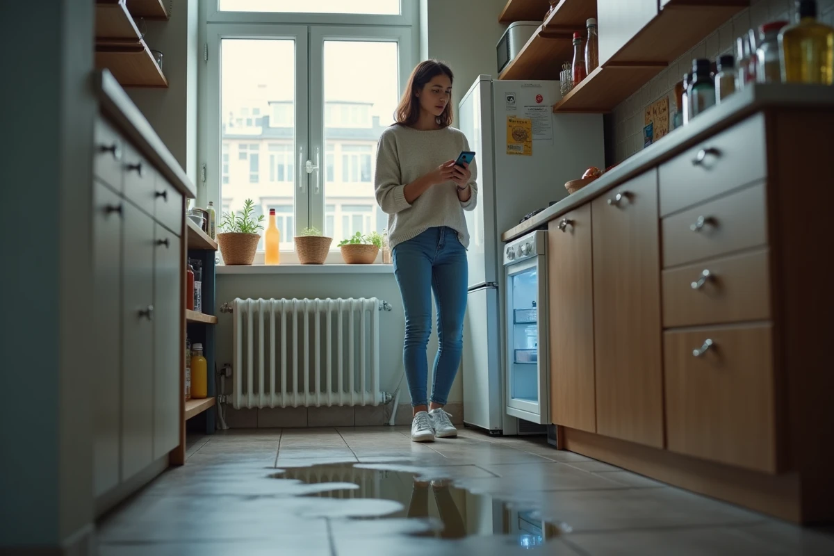 Femme inquiète vérifiant un réfrigérateur qui fuit dans une cuisine