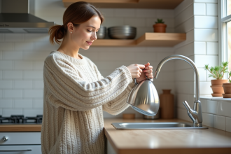 Femme remplissant une bouilloire en inox dans une cuisine moderne
