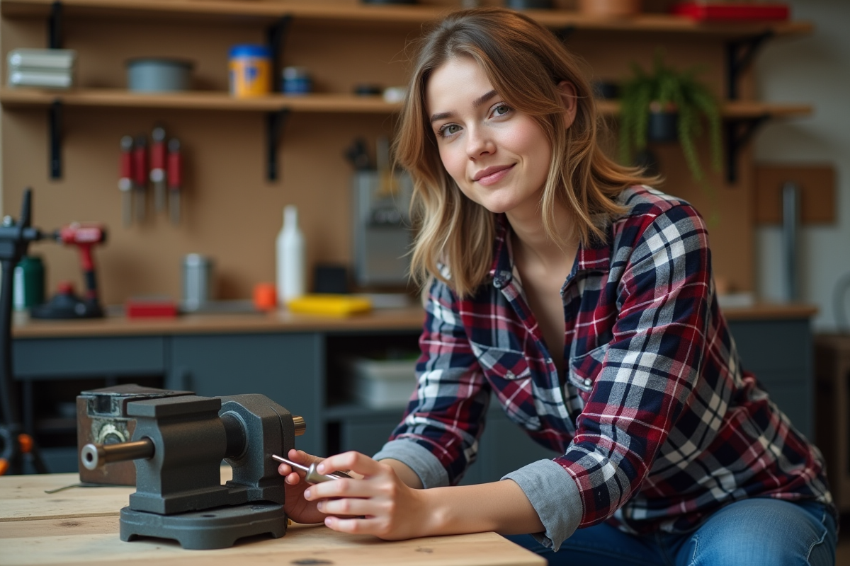 Jeune femme réparant un cylindre hydraulique dans un atelier