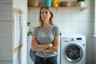Femme sceptique dans une buanderie regardant une liste de marques de lave-linge à éviter
