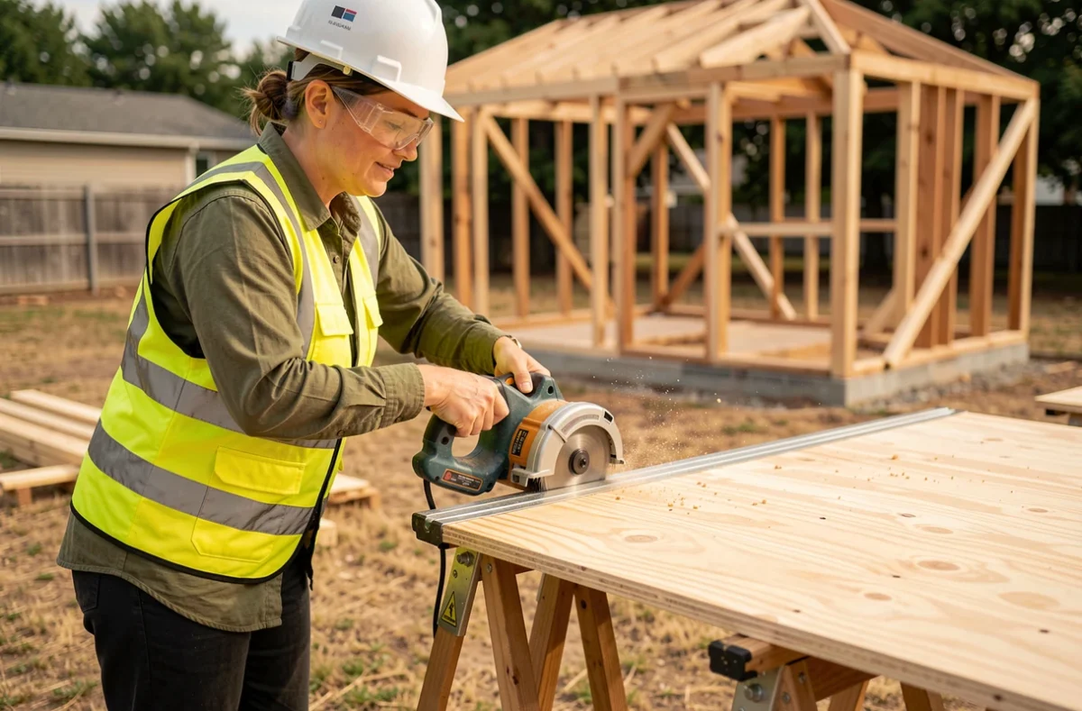 Femme utilisant une scie circulaire avec équerre de guidage et équipements de protection individuelle lors d'un chantier extérieur de rénovation