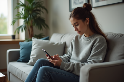 Jeune femme dans un appartement utilisant son smartphone
