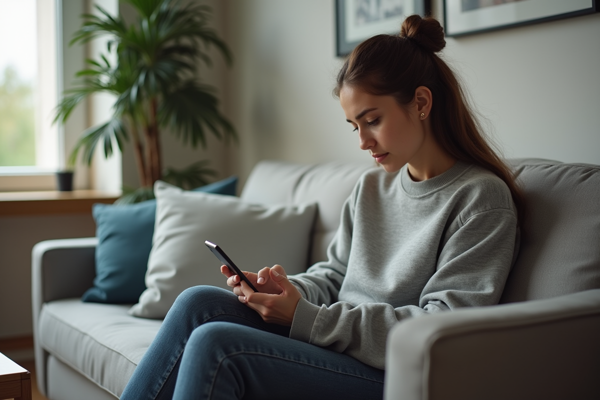 Jeune femme dans un appartement utilisant son smartphone
