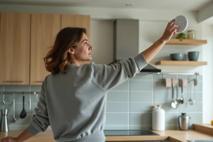 Femme appuyant sur le bouton de test d'un détecteur de fumée dans une cuisine moderne