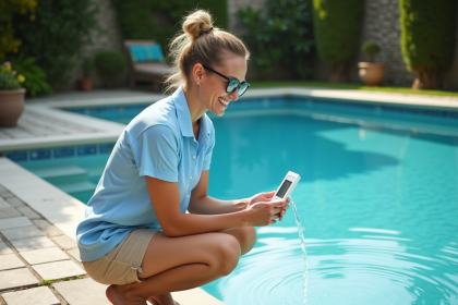 Femme souriante testant l'eau de la piscine extérieure