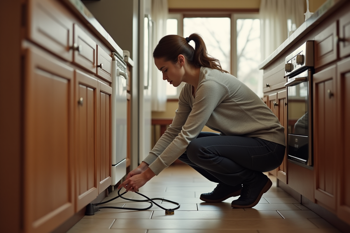 Jeune femme inspectant une multiprise dans une cuisine équipée