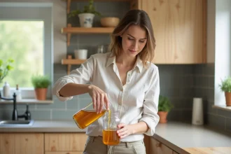 Jeune femme versant du vinaigre de cidre dans un piège en cuisine