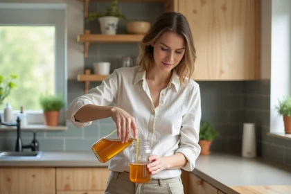Jeune femme versant du vinaigre de cidre dans un piège en cuisine
