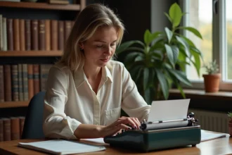 Femme d'âge moyen tapant sur une machine à écrire vintage dans un bureau cosy