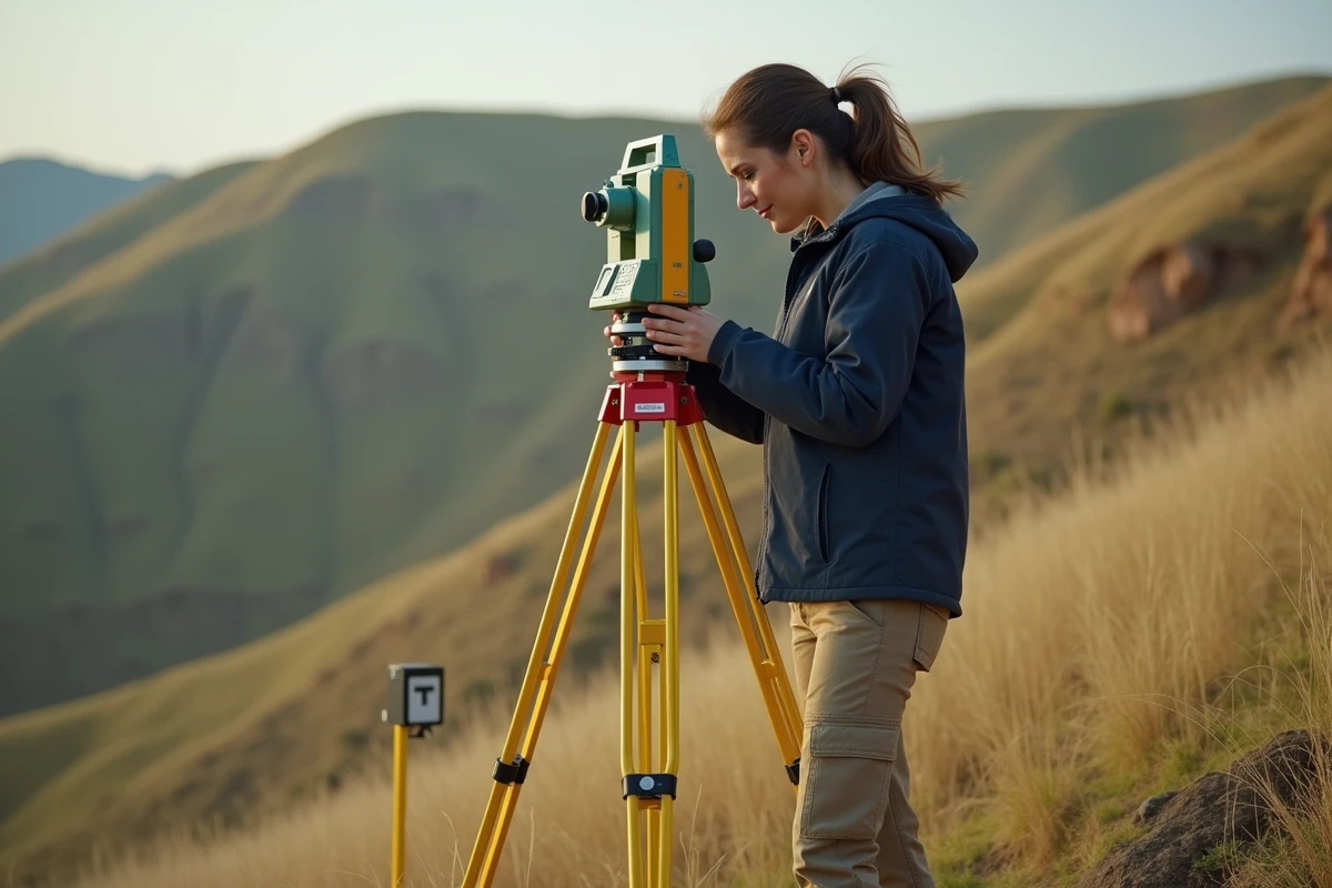 Géomètre femme utilisant un théodolite sur un terrain en pente pour mesurer l'inclinaison, illustrant le calcul de pente en degrés et en pourcentage