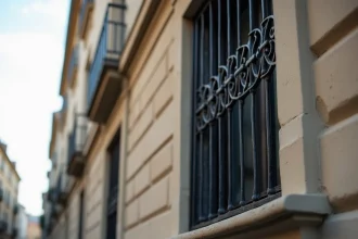 Grillage de protection sur fenêtre d'immeuble en copropriété vue depuis la rue