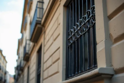 Grillage de protection sur fenêtre d'immeuble en copropriété vue depuis la rue