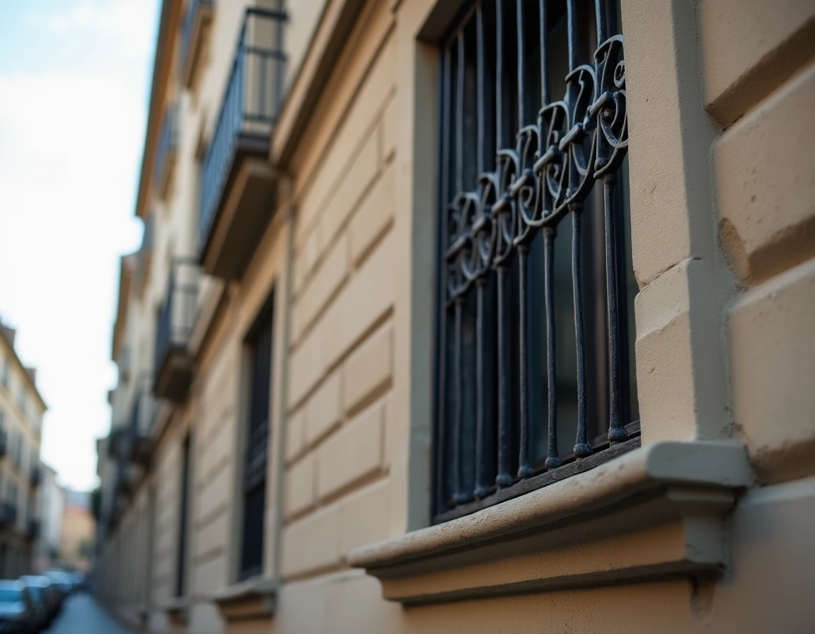 Grillage de protection sur fenêtre d'immeuble en copropriété vue depuis la rue