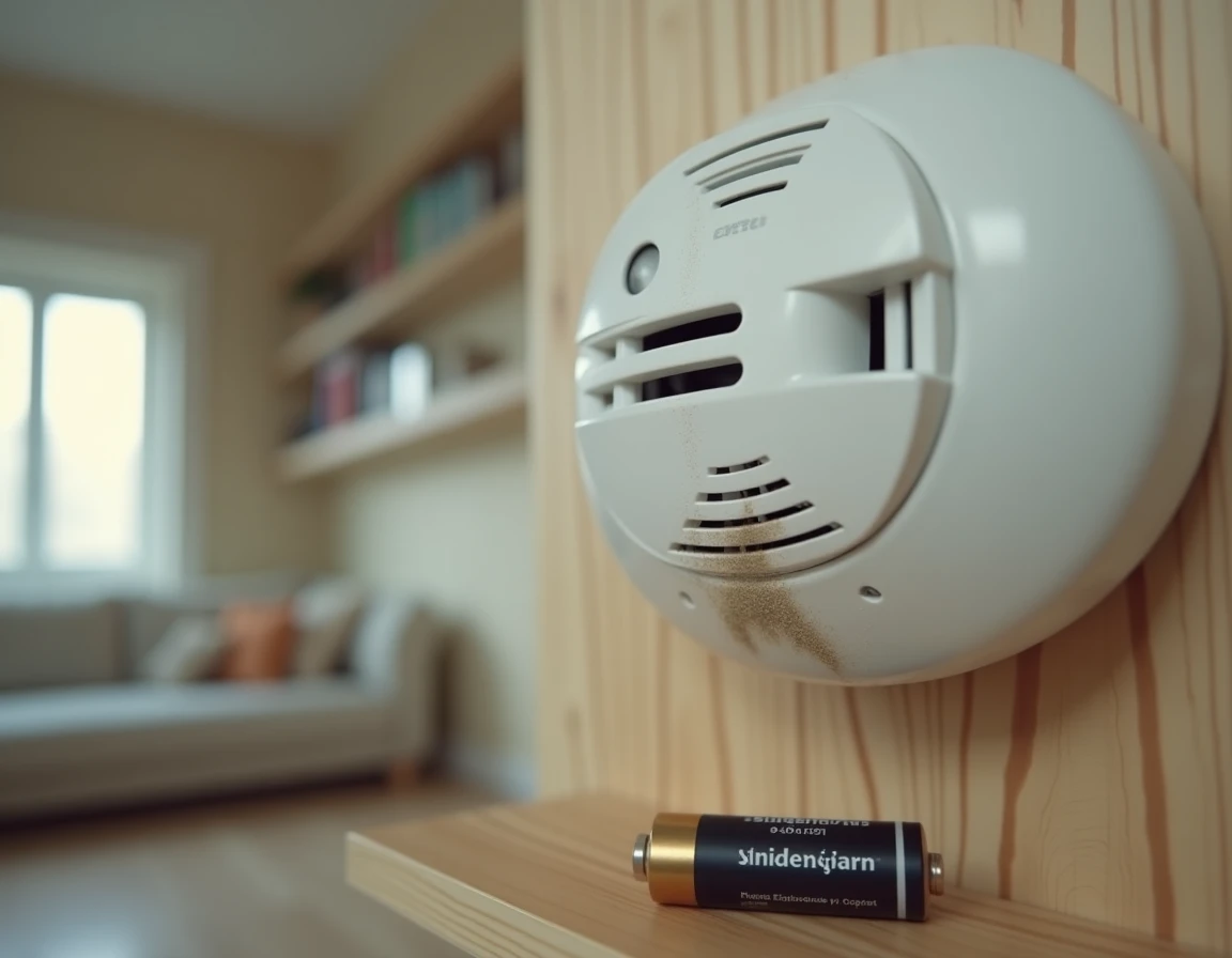 Gros plan d'un détecteur de fumée ouvert avec pile et poussière accumulée sur les ventilations