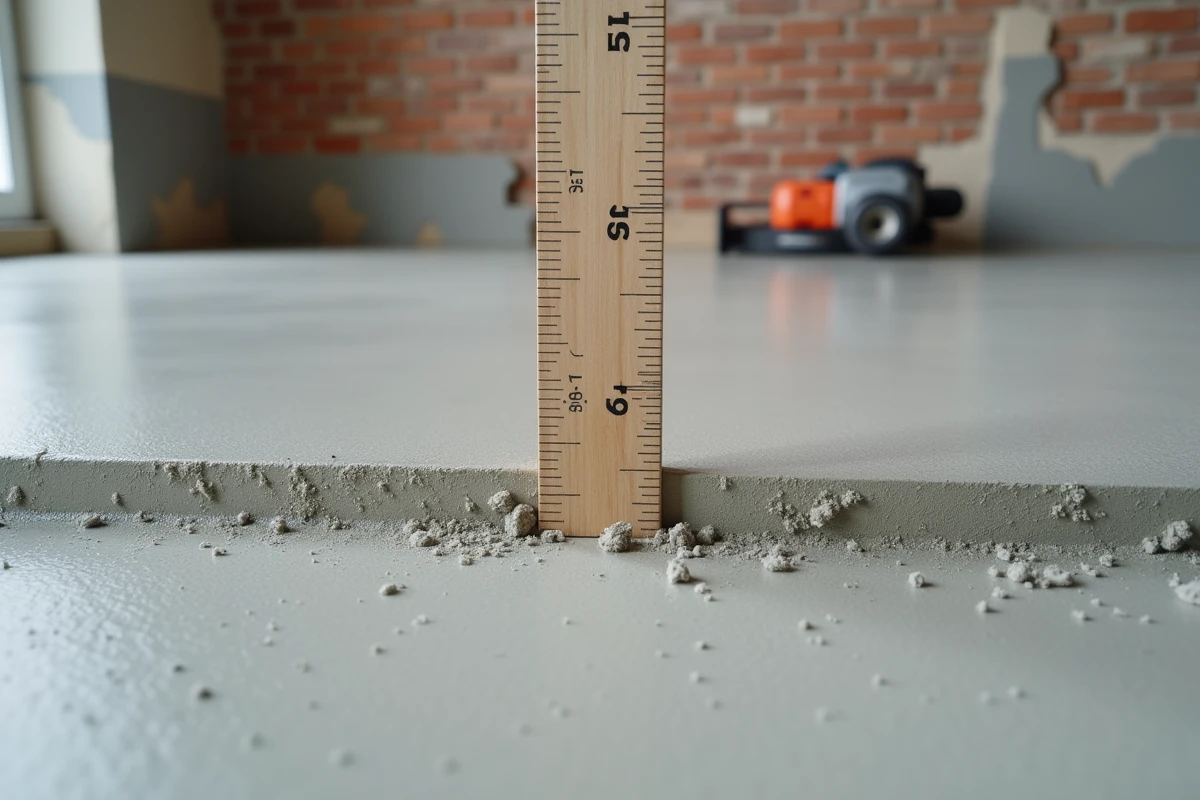 Gros plan sur l'épaisseur d'un ragréage épais sur plancher inégal avec jauge de mesure