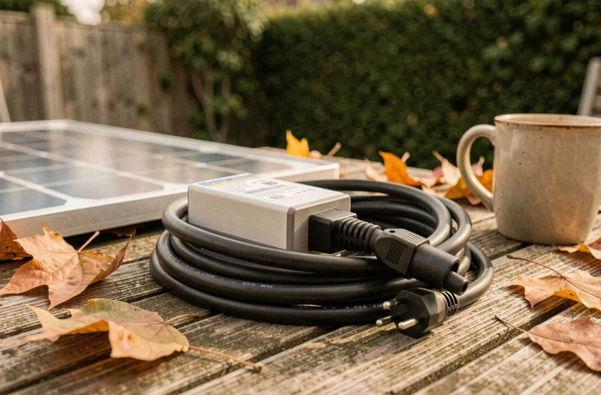 Gros plan sur le micro-onduleur et le câble d'un panneau solaire plug and play posé sur une table en bois dans un jardin