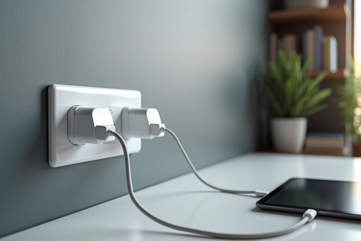 Gros plan sur une prise double Legrand avec adaptateurs connectés et câbles USB dans un bureau à domicile