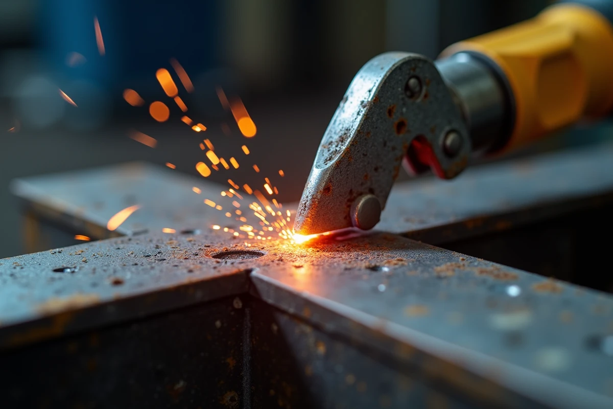 Gros plan sur un cordon de soudure fil fourré en cours de formation sur deux plaques d'acier assemblées dans un atelier