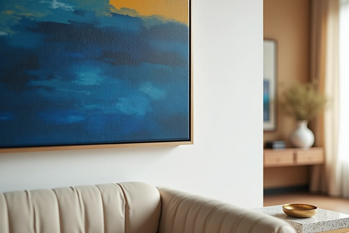 Gros plan d'un tableau texturé en bleu cobalt et ocre doré avec relief de peinture à l'huile dans un salon moderne au canapé bouclé