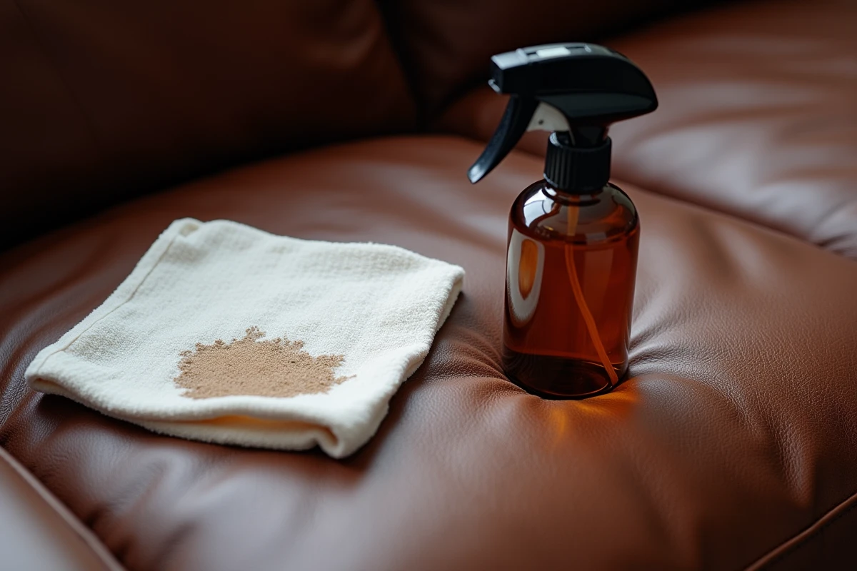 Gros plan sur une tache en cours de nettoyage sur un canapé en cuir marron avec chiffon microfibre et spray nettoyant