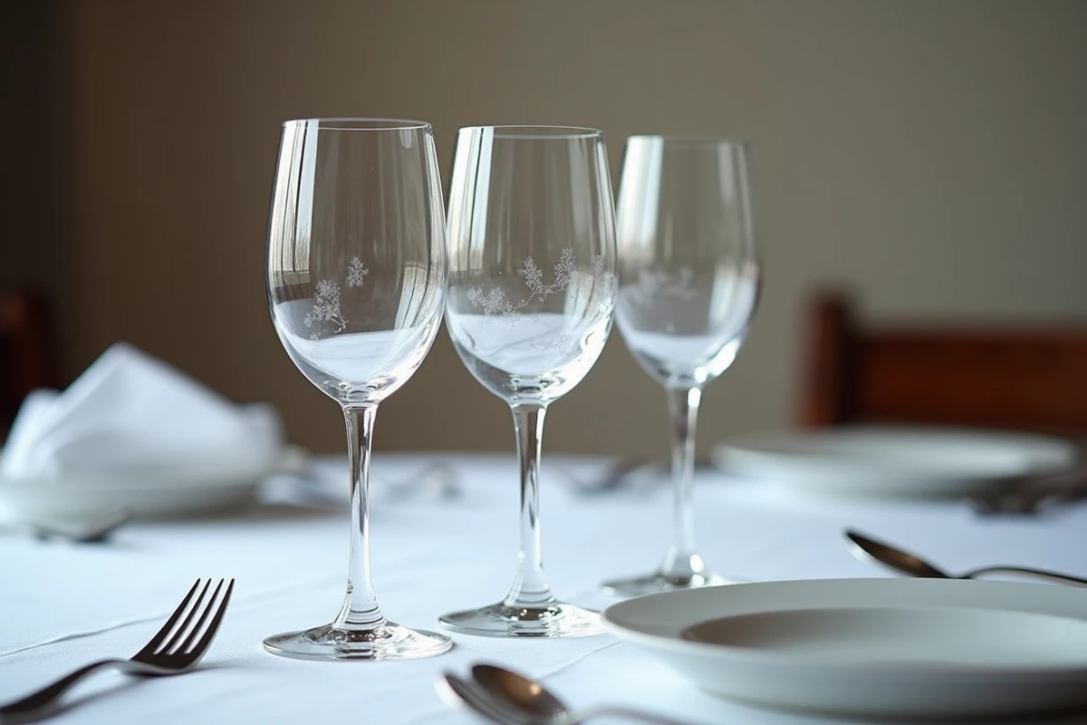 Gros plan sur le positionnement de trois verres en cristal selon le protocole de la table à la française sur nappe blanche
