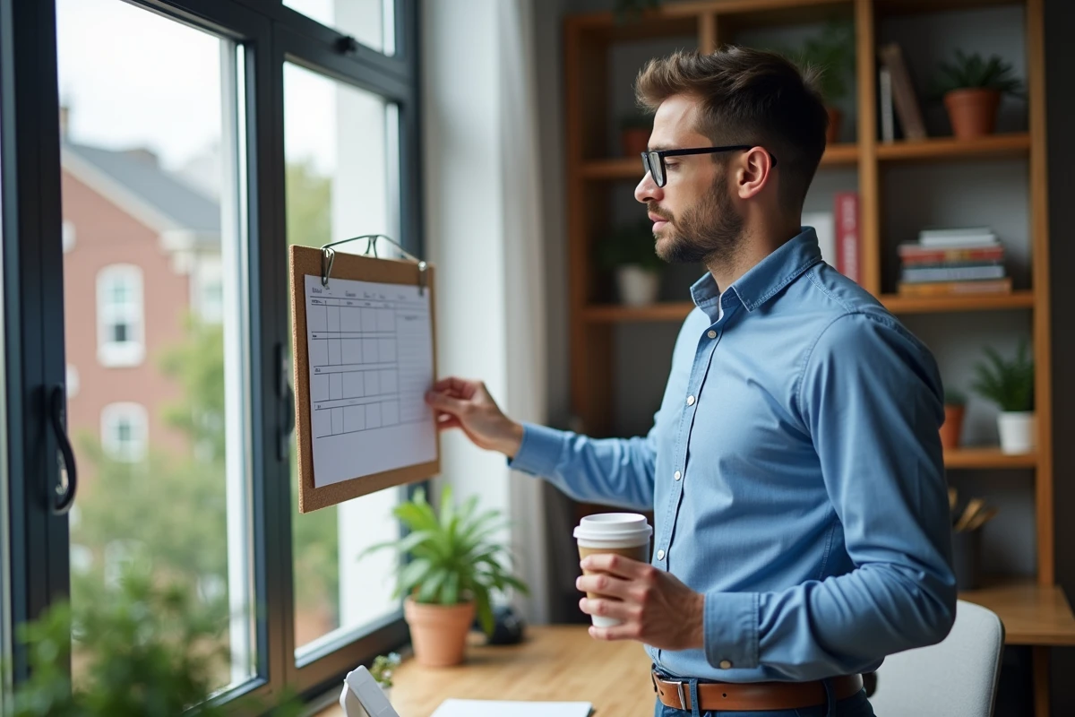 Jeune homme accrochant un planning dans un bureau à la maison