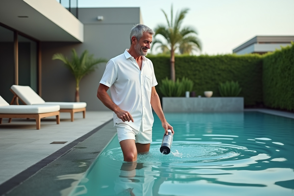 Homme versant un traitement dans la piscine moderne