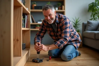 Homme en flanelle assemble un meuble en bois dans un intérieur cosy