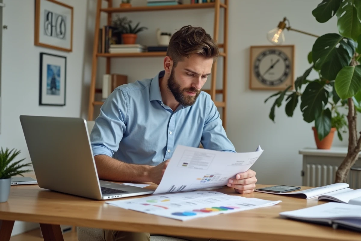 Jeune homme travaillant sur un plan de home staging dans un bureau