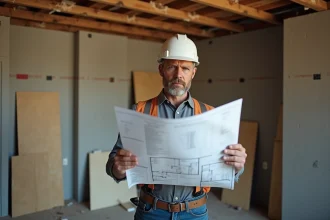 Homme inquiet avec plans de construction sur un chantier