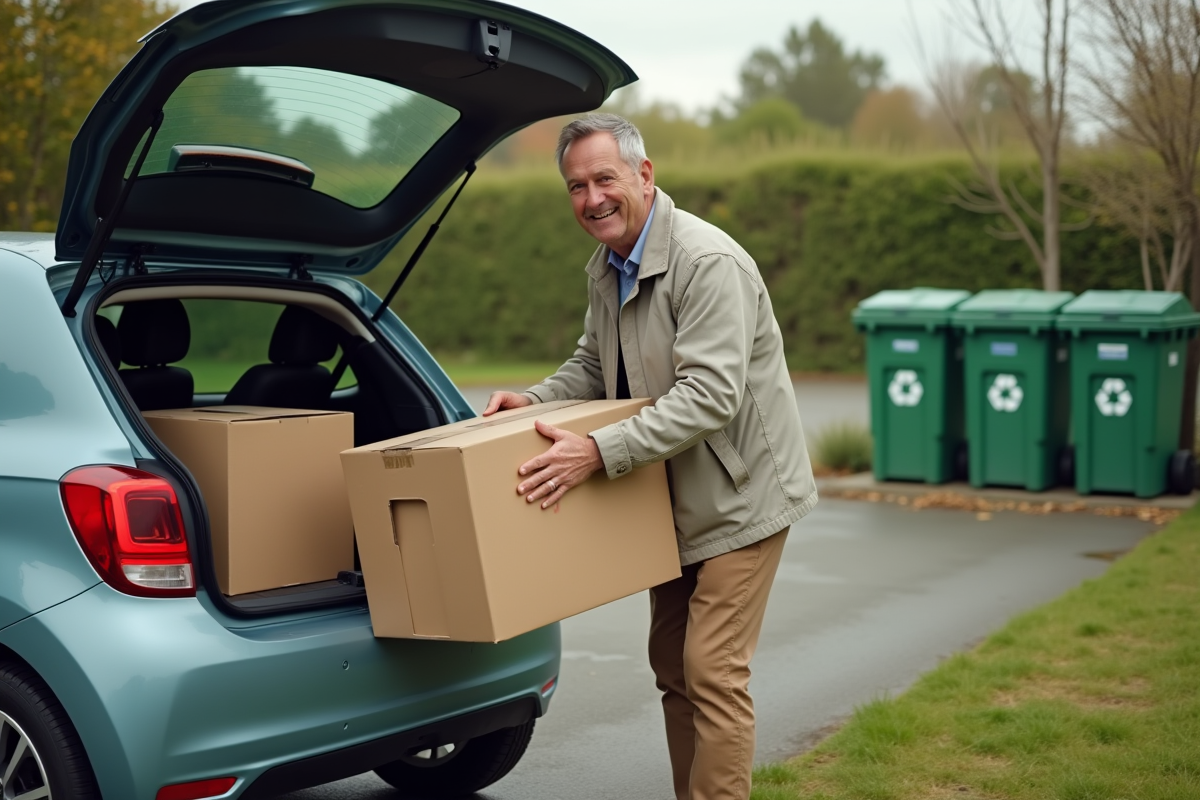 Homme chargeant des cartons dans une voiture dehors